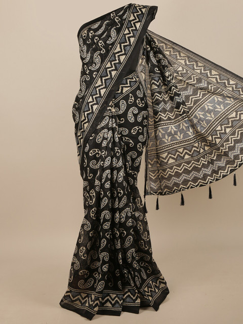 

Pothys Black & Cream-Coloured Paisley Saree