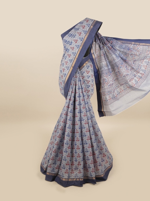 

Pothys Grey & Navy Blue Ethnic Motifs Zari Pure Cotton Saree
