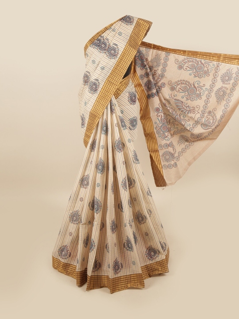 

Pothys Cream-Coloured & Blue Ethnic Motifs Zari Pure Cotton Saree