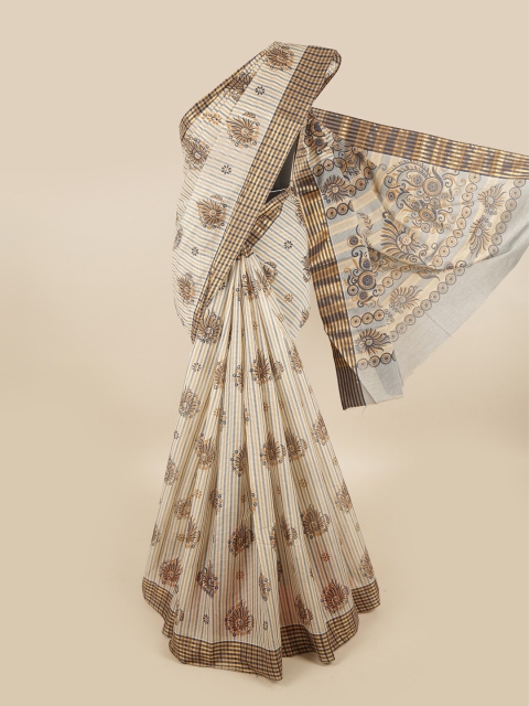 

Pothys Cream-Coloured & Brown Ethnic Motifs Pure Cotton Saree