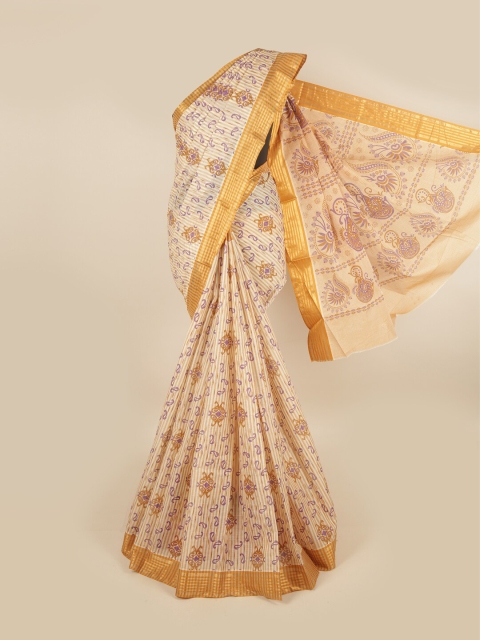 

Pothys Cream-Coloured & Purple Paisley Pure Cotton Saree