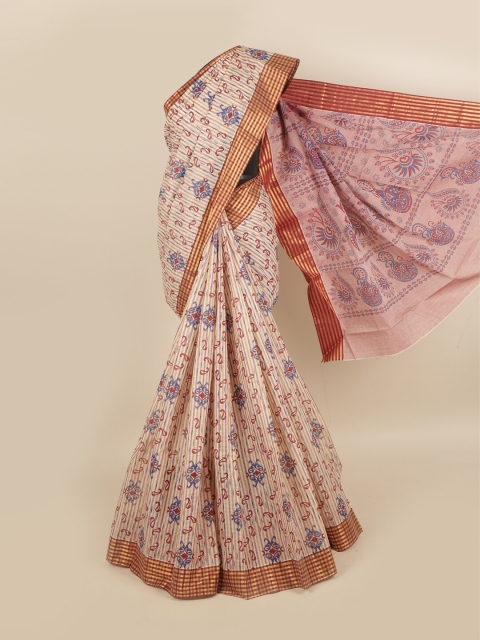 

Pothys Cream-Coloured & Red Paisley Pure Cotton Saree