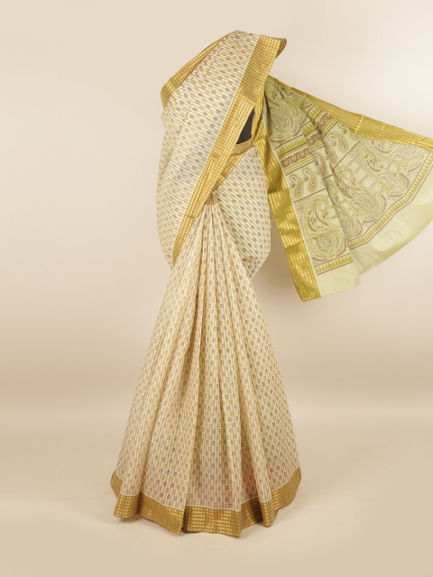 

Pothys Cream-Coloured & Green Ethnic Motifs Pure Cotton Saree