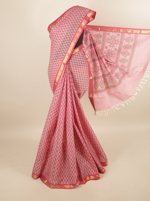 

Pothys Pink & Green Zari Pure Cotton Saree