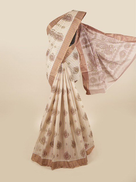 

Pothys Cream-Coloured & Purple Floral Pure Cotton Saree