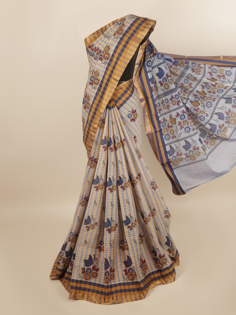 

Pothys Cream-Coloured & Blue Floral Zari Pure Cotton Saree