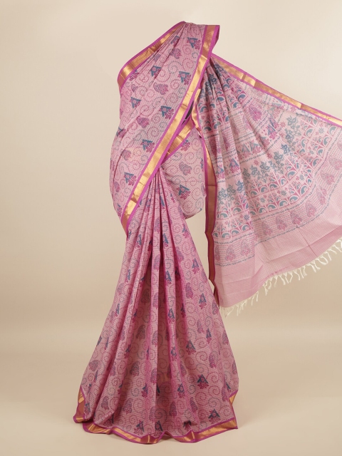 

Pothys Pink & Blue Ethnic Motifs Zari Pure Cotton Saree