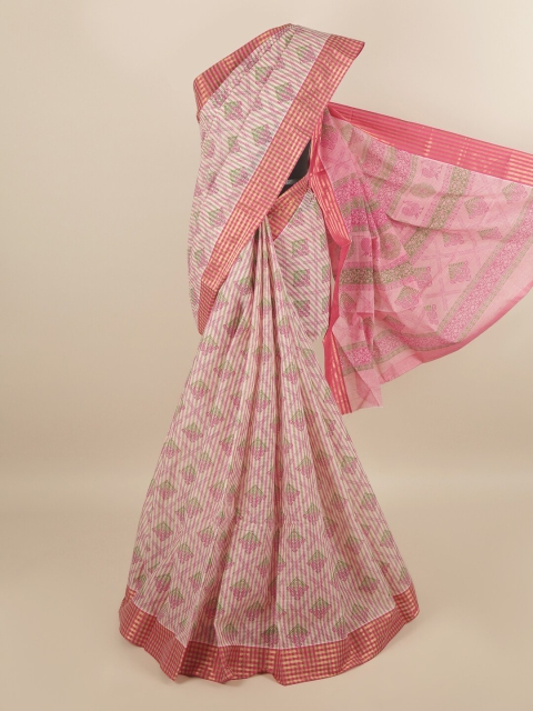 

Pothys Cream-Coloured & Pink Zari Pure Cotton Saree