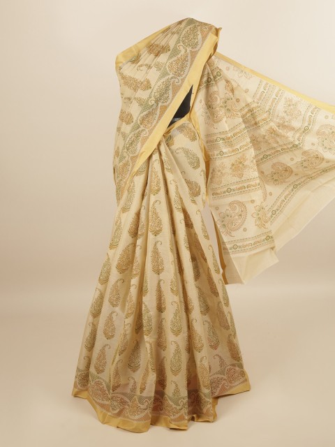 

Pothys Cream-Coloured & Green Paisley Pure Cotton Saree