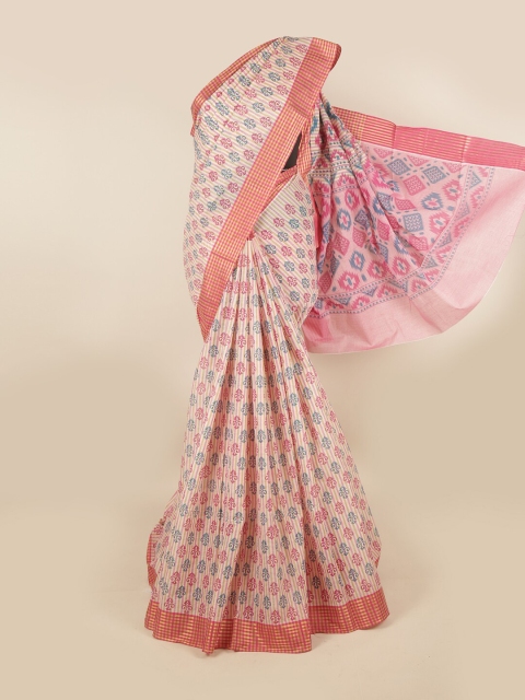 

Pothys Cream-Coloured & Pink Ethnic Motifs Zari Pure Cotton Saree