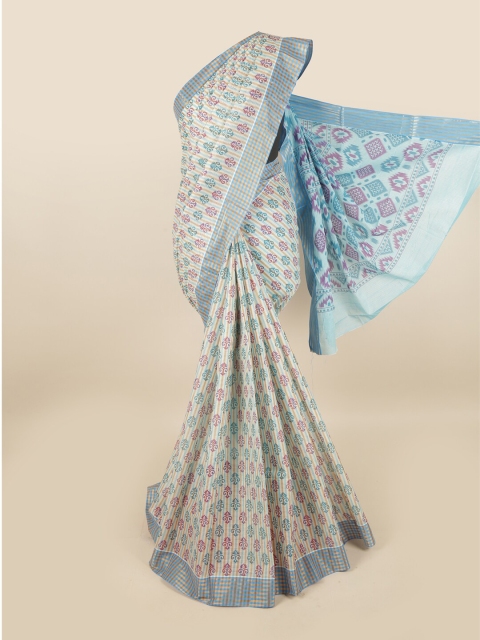 

Pothys Cream-Coloured & Blue Ethnic Motifs Zari Pure Cotton Saree