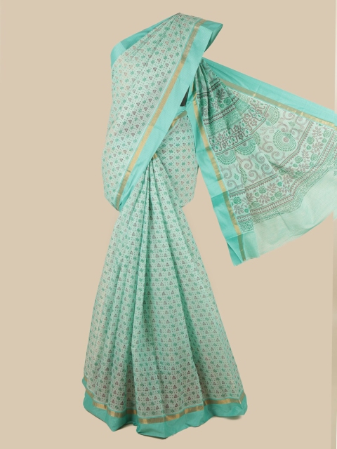 

Pothys Sea Green & Purple Floral Printed Zari Pure Cotton Saree