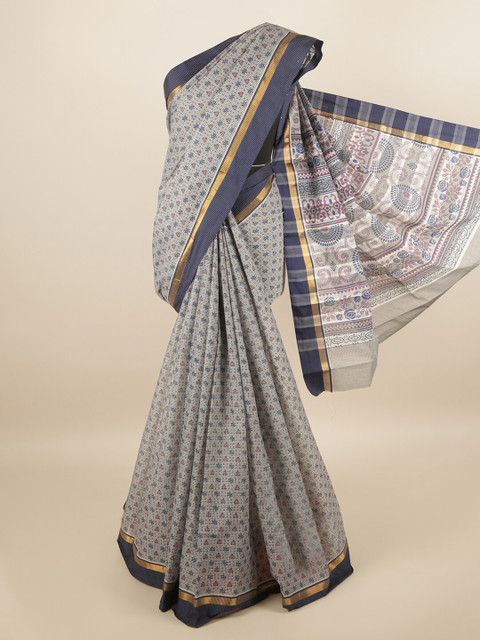 

Pothys Grey & Blue Floral Printed Zari Pure Cotton Saree