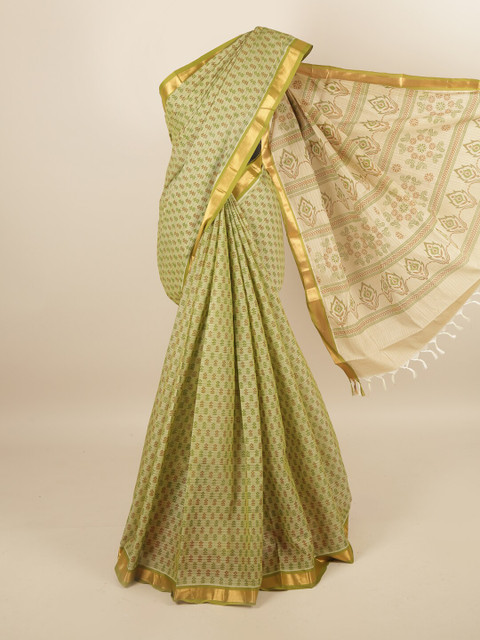 

Pothys Green & Purple Floral Printed Zari Pure Cotton Saree