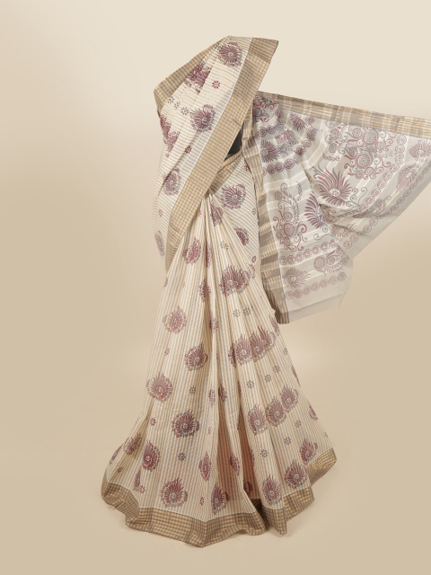 

Pothys Cream-Coloured & Purple Ethnic Motifs Zari Pure Cotton Saree