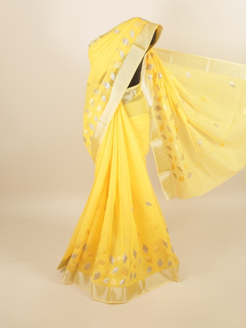 

Pothys Yellow & Silver Geometric Embroidered Cotton Blend Saree