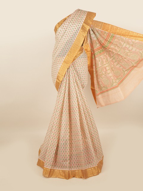 

Pothys Cream-Coloured & Green Pure Cotton Saree