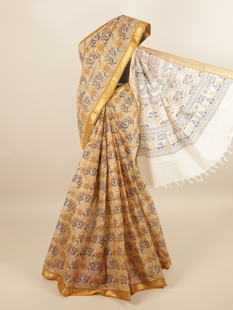 

Pothys Tan & Off White Floral Printed Zari Pure Cotton Saree