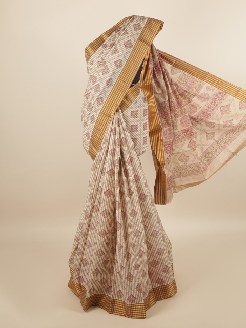 

Pothys Cream-Coloured & Pink Ethnic Motifs Zari Pure Cotton Saree