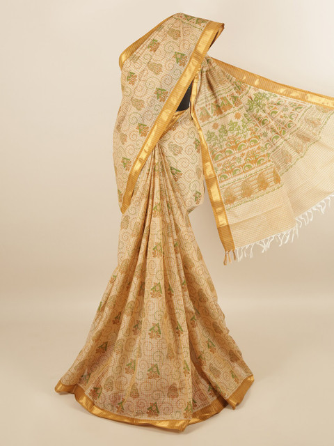 

Pothys Tan & Green Floral Printed Zari Pure Cotton Saree