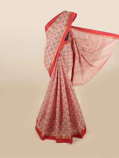 

Pothys Pink & Green Floral Printed Zari Pure Cotton Saree