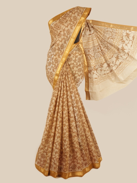 

Pothys Mustard & Brown Floral Printed Zari Pure Cotton Saree
