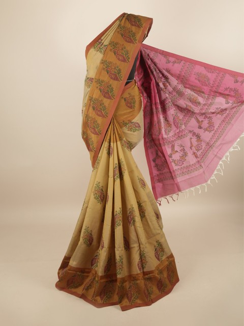 

Pothys Tan & Pink Ethnic Motifs Pure Cotton Saree