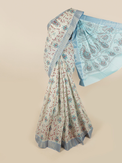 

Pothys Cream-Coloured & Blue Ethnic Motifs Zari Pure Cotton Saree