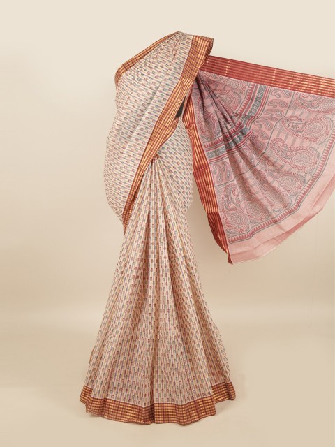 

Pothys Cream-Coloured & Red Ethnic Motifs Zari Pure Cotton Saree
