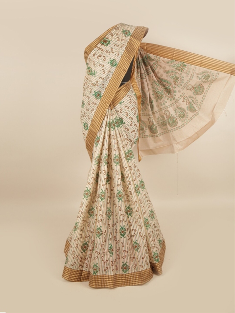 

Pothys Cream-Coloured & Green Floral Printed Zari Pure Cotton Saree