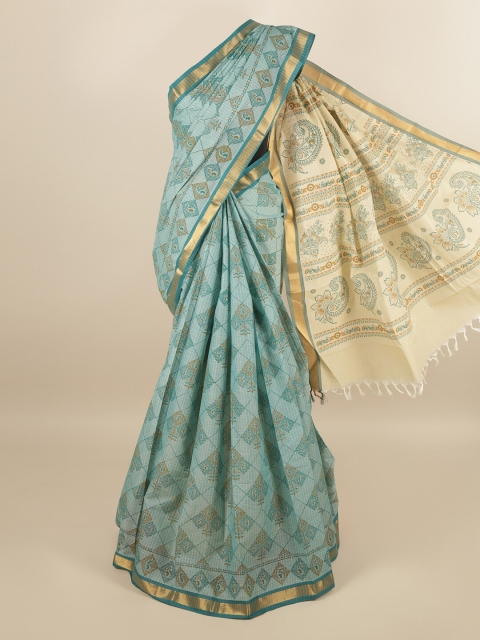 

Pothys Teal & Beige Paisley Printed Pure Cotton Saree