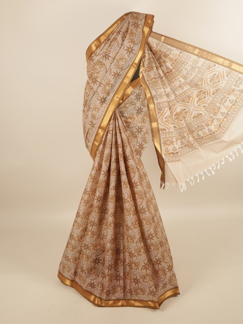 

Pothys Tan & Gold-Toned Floral Printed Pure Cotton Saree