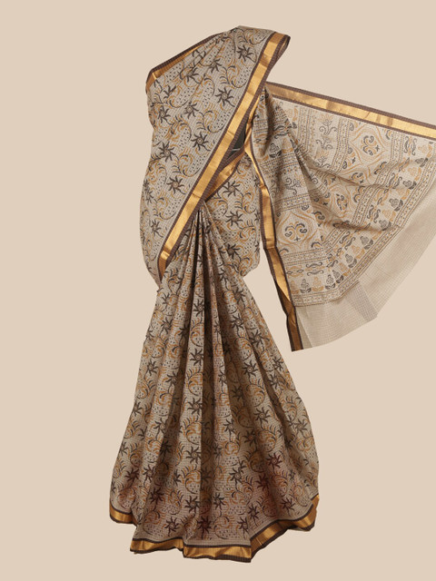 

Pothys Brown & Mustard Floral Printed Zari Pure Cotton Saree