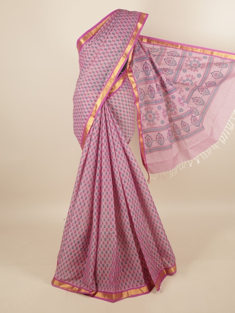 

Pothys Pink & Teal Floral Printed Zari Pure Cotton Saree