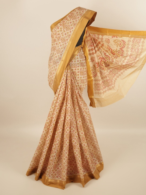 

Pothys Cream-Coloured & Mustard Ethnic Motifs Zari Pure Cotton Saree