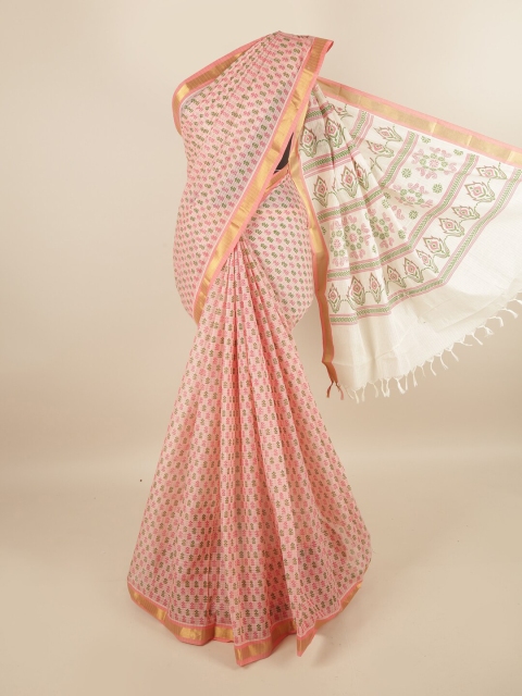 

Pothys Pink & Green Floral Printed Pure Cotton Saree