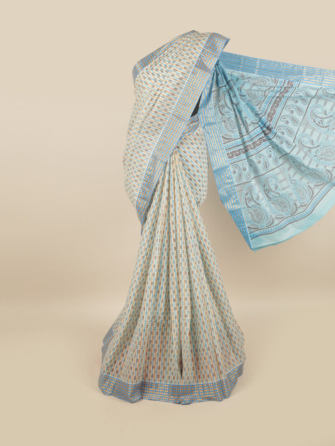 

Pothys Women Cream-Coloured & Blue Pure Cotton Ethnic Motifs Printed Saree