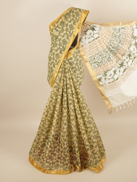 

Pothys Women Green & Gold-Toned Pure Cotton Floral Printed Saree