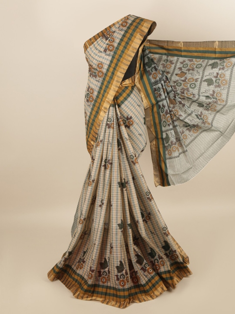 

Pothys Women Beige & Green Pure Cotton Floral Printed Saree