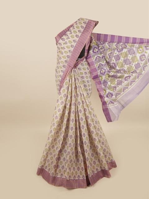 

Pothys Women Cream-Coloured & Purple Pure Cotton Ethnic Motifs Printed Saree