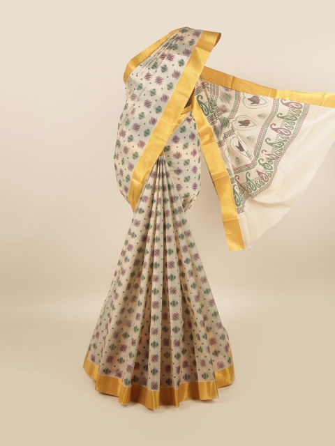 

Pothys Cream-Coloured & Gold-Toned Pure Cotton Abstract Printed Saree