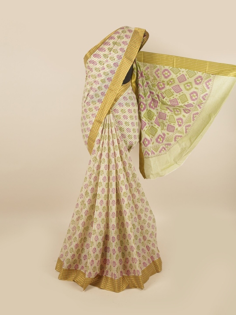 

Pothys Women Cream-Coloured & Purple Pure Cotton Ethnic Motifs Printed Saree
