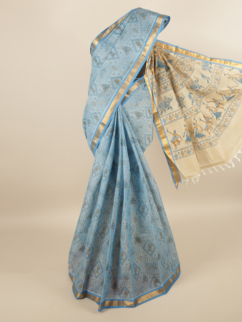 

Pothys Blue & Gold-Toned Pure Cotton Ethnic Motifs Printed Saree