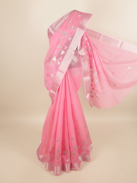 

Pothys Women Pink & Silver-Toned Cotton Blend Geometric Embroidered Saree