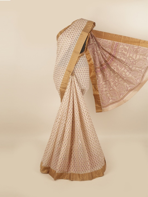 

Pothys Cream-Coloured & Brown Pure Cotton Ethnic Motifs Printed Saree