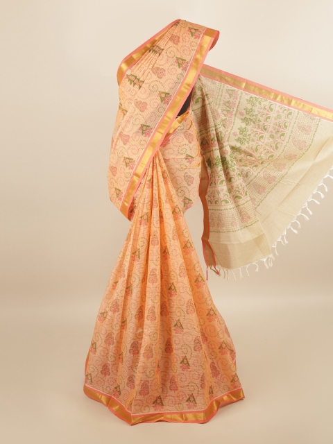 

Pothys Orange & Green Pure Cotton Ethnic Motifs Printed Saree