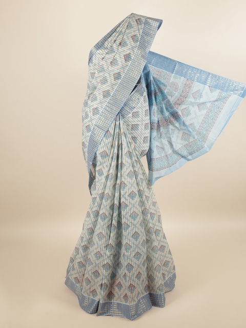 

Pothys Cream-Coloured & Blue Pure Cotton Ethnic Motifs Printed Saree