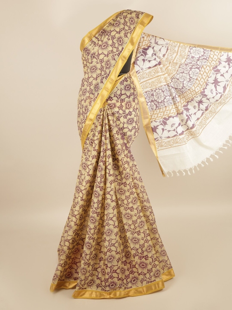 

Pothys Cream-Toned & Maroon Pure Cotton Floral Printed Saree