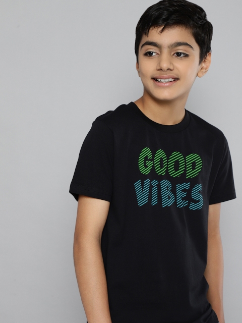 HERE&NOW Boys Black Typography Printed Pure Cotton T-shirt