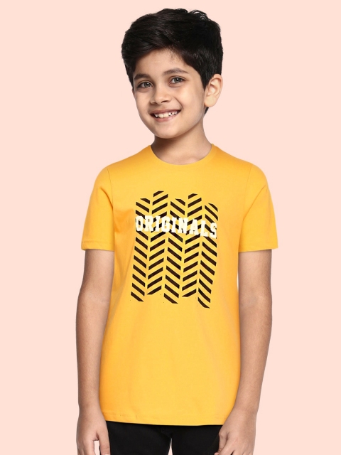 

HERE&NOW Boys Yellow & Black Typography Printed Pure Cotton T-shirt